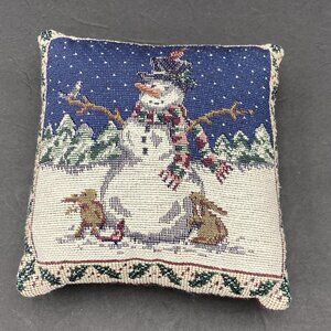 VTG Christmas Tapestry Pillow Small 7x7 Snowman Rabbits 90s Y2K Rustic Farmhouse